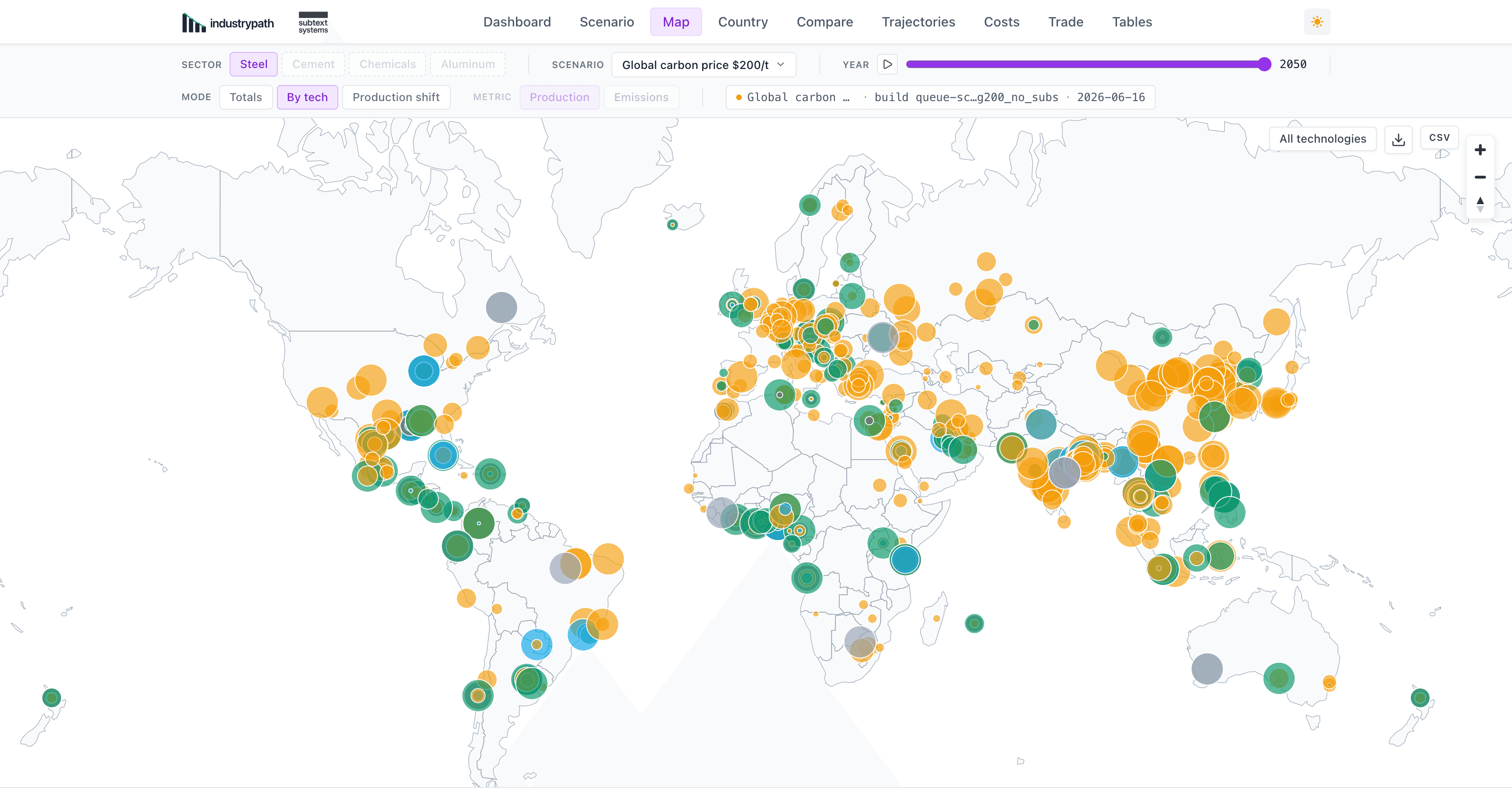 Every primary steelmaking facility worldwide, colored by production technology, in 2050 under a global carbon price