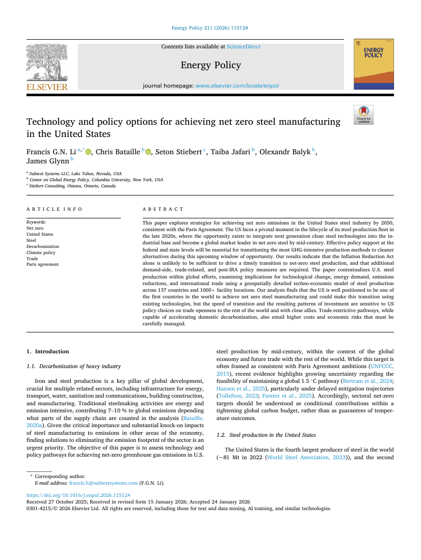Front page of Technology and policy options for achieving net zero steel manufacturing in the United States